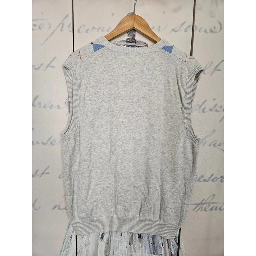 Mercer Street Studio Mens XL Argyle Sweater Vest Gray Blue Green Cotton‎ V-Neck